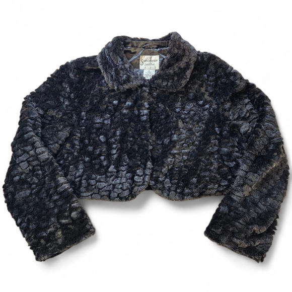 Scandinavian Faux Fur Black Cropped Jacket XL | Vintage Glam Goth Mod Retro Y2K - Picture 1 of 6